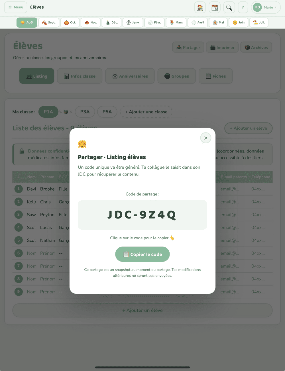 Partage entre collègues par code
